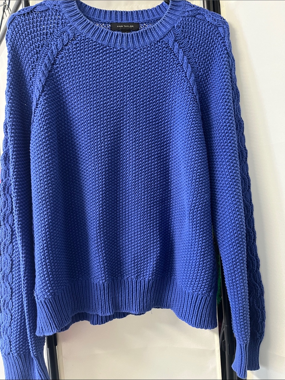 Ann Taylor XL Cobalt Cable-Panel Crewneck Sweater
